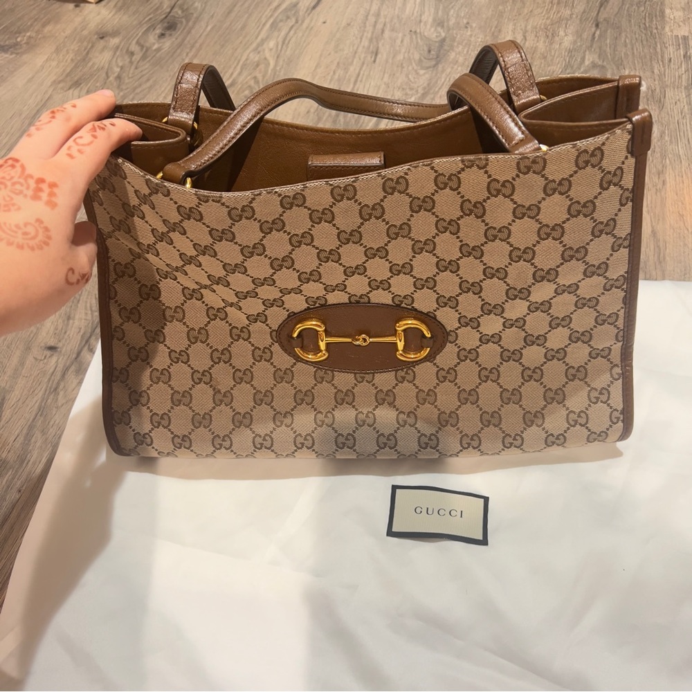 GUCCI Horsebit 1955 GG Canvas Leather Tote Bag Beige Brown